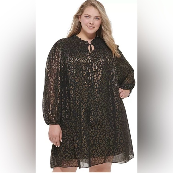 New DKNY Plus Size 20W Leopard-Print Tie-Neck Pleated Dress NWT - Picture 2 of 7